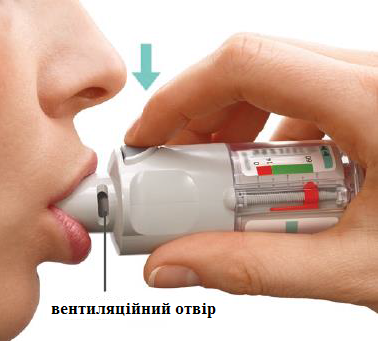 Під час виконання повільного глибокого вдиху через рот НАТИСНІТЬ кнопку вивільнення дози