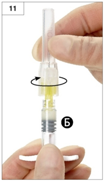 Тримати шприц Б вертикально і притримуйте білий поршень, щоб уникнути втрати лікарського засобу