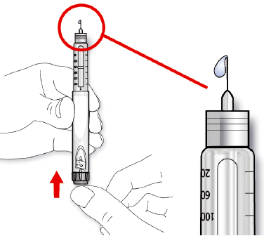 Натисніть  на кнопку введення ін’єкції до упору. Перевірте, чи з’являється інсулін на кінчику голки.