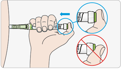 Не натискайте на кнопку під кутом, оскільки Ваш великий палець може заблокувати обертання перемикача для вибору дози.