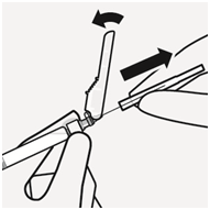 Тримаючи шприц за білий комірець однією рукою, відвести захисний кожух голки як показано на рисунку та обережно зняти прозорий ковпачок голки, не обертаючи.