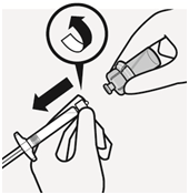  Тримаючи шприц за білий комірець однією рукою, обертом проти годинникової стрілки від’єднати шприц від пристрою. Флакон та безголковий пристрій викинути.