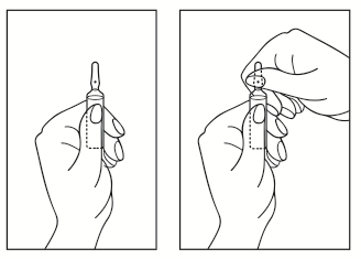 Ампулу відкривати обома руками: утримуючи нижню частину ампули однією рукою, іншою рукою натиснути на верхню частину ампули в напрямку від кольорової крапки